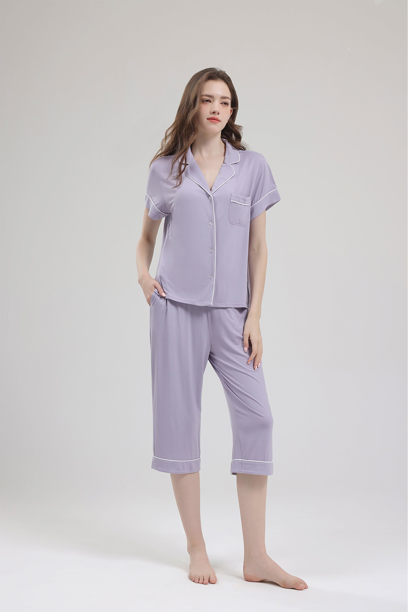 Signature Cropped Pyjamas Set in Lilac Grey by Selenightco - Supporting Eve Lingerie