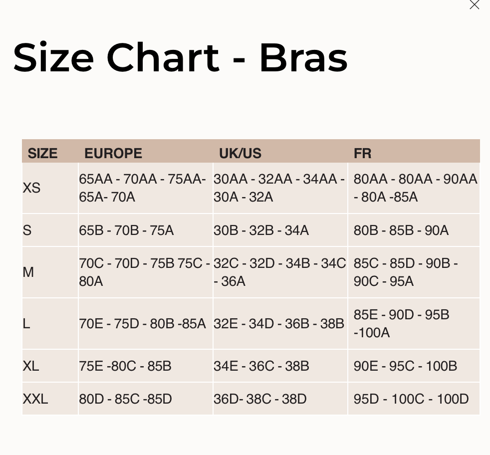 Size chart for bras showing size comparison between Europe, UK/US, and France.