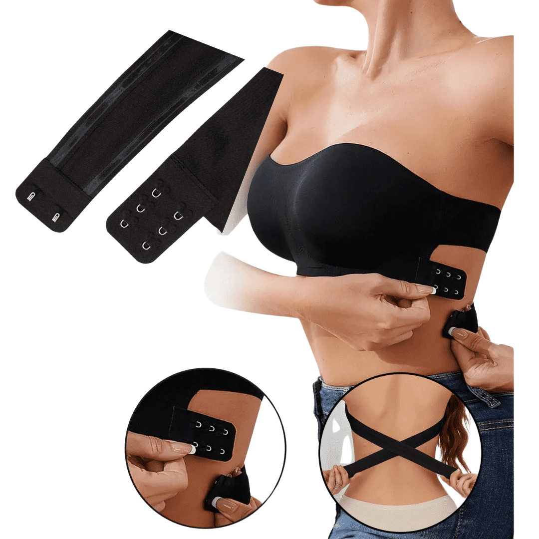 Strapless Cross Back Seamless Non-Wired Bra in Black by Supporting Eve Lingerie, featuring a comfortable, seamless finish and adjustable straps for versatile styling.