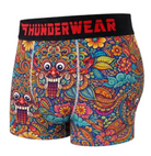 A pair of men's boxer briefs by Thunderwear, featuring a vibrant, multicolored psychedelic print with traditional Asian-inspired patterns and two stylized faces. The waistband is black with the brand name 'THUNDERWEAR' printed in bold red letters.