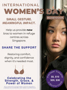 Promotional poster for International Women's Day with a woman and text about providing new bras to women in refugee centers.