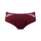 A pair of women's low-rise briefs in deep burgundy, featuring a delicate white lace trim along the waistband, shown against a plain white background.