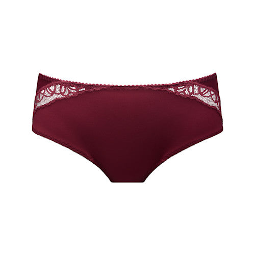 A pair of women's low-rise briefs in deep burgundy, featuring a delicate white lace trim along the waistband, shown against a plain white background.