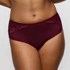 Maroon lace-trimmed underwear on a neutral background