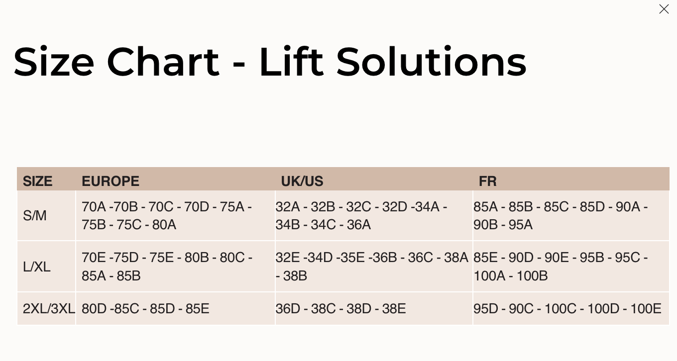 Size chart for lift solutions with Europe, UK/US, and FR dimensions.