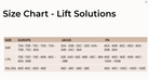 Size chart for lift solutions with Europe, UK/US, and FR dimensions.